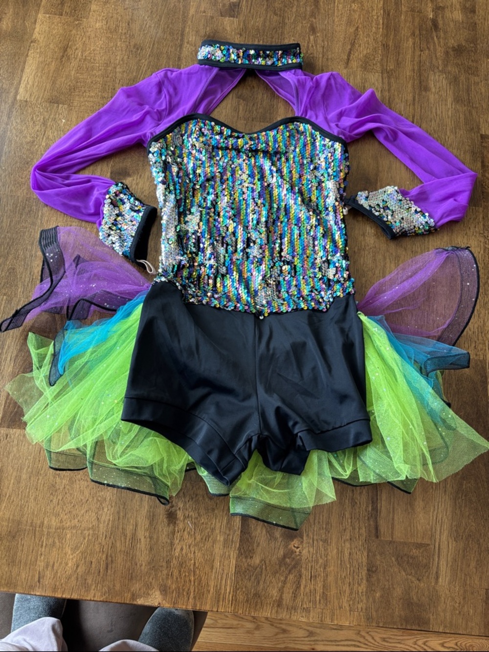 Weissman Multicolor Sequin Dance Costume with Purple Mesh Sleeves